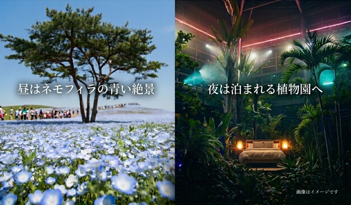 昼はネモフィラの青い絶景、夜は泊まれる植物園へ。今年のGW、日帰り茨城に終止符。「植物の中に”暮らす”GWリゾート」